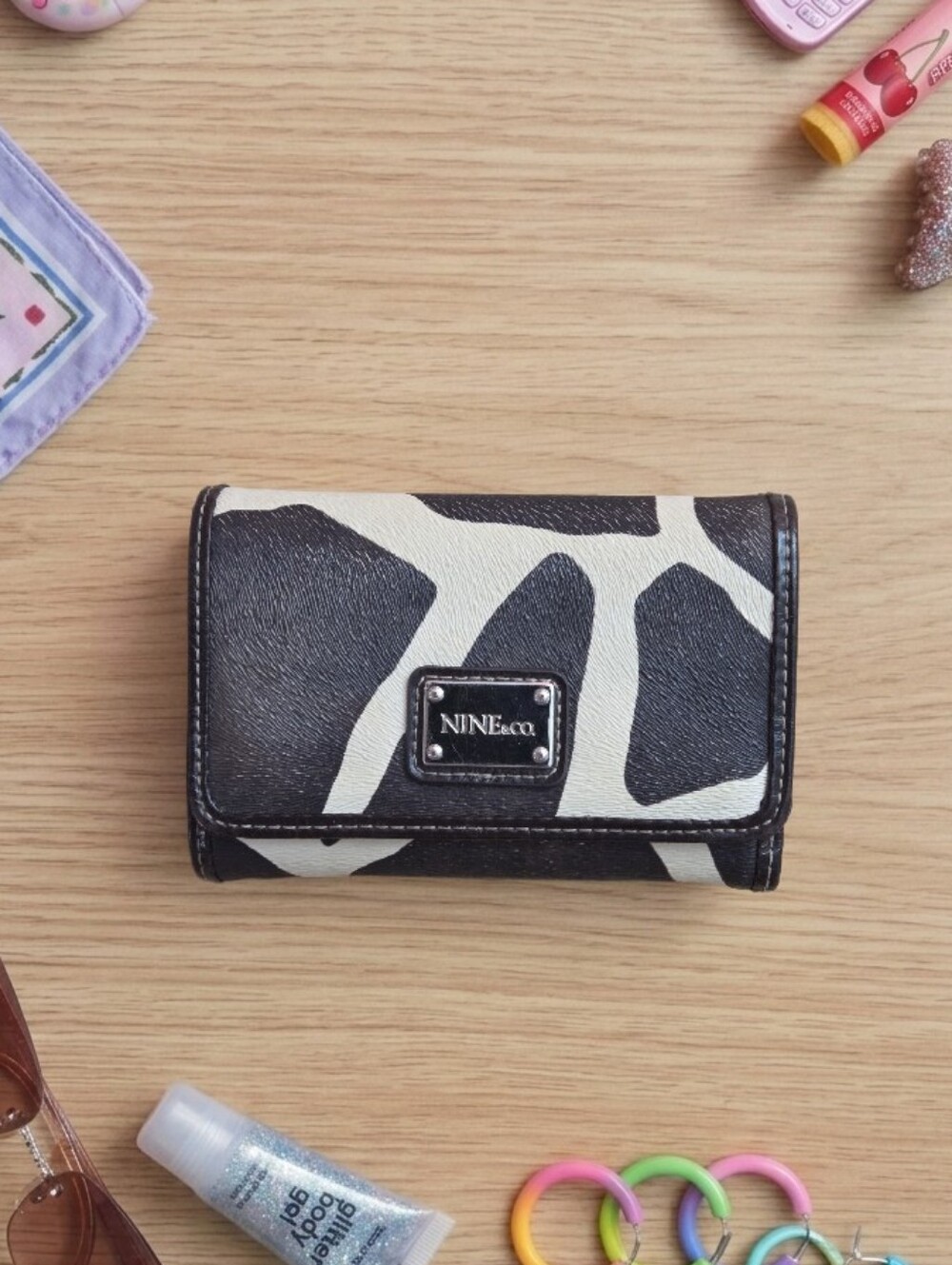 Vintage Y2K Giraffe Cow Animal Print Safari Wallet Nine West Trifold Organizer